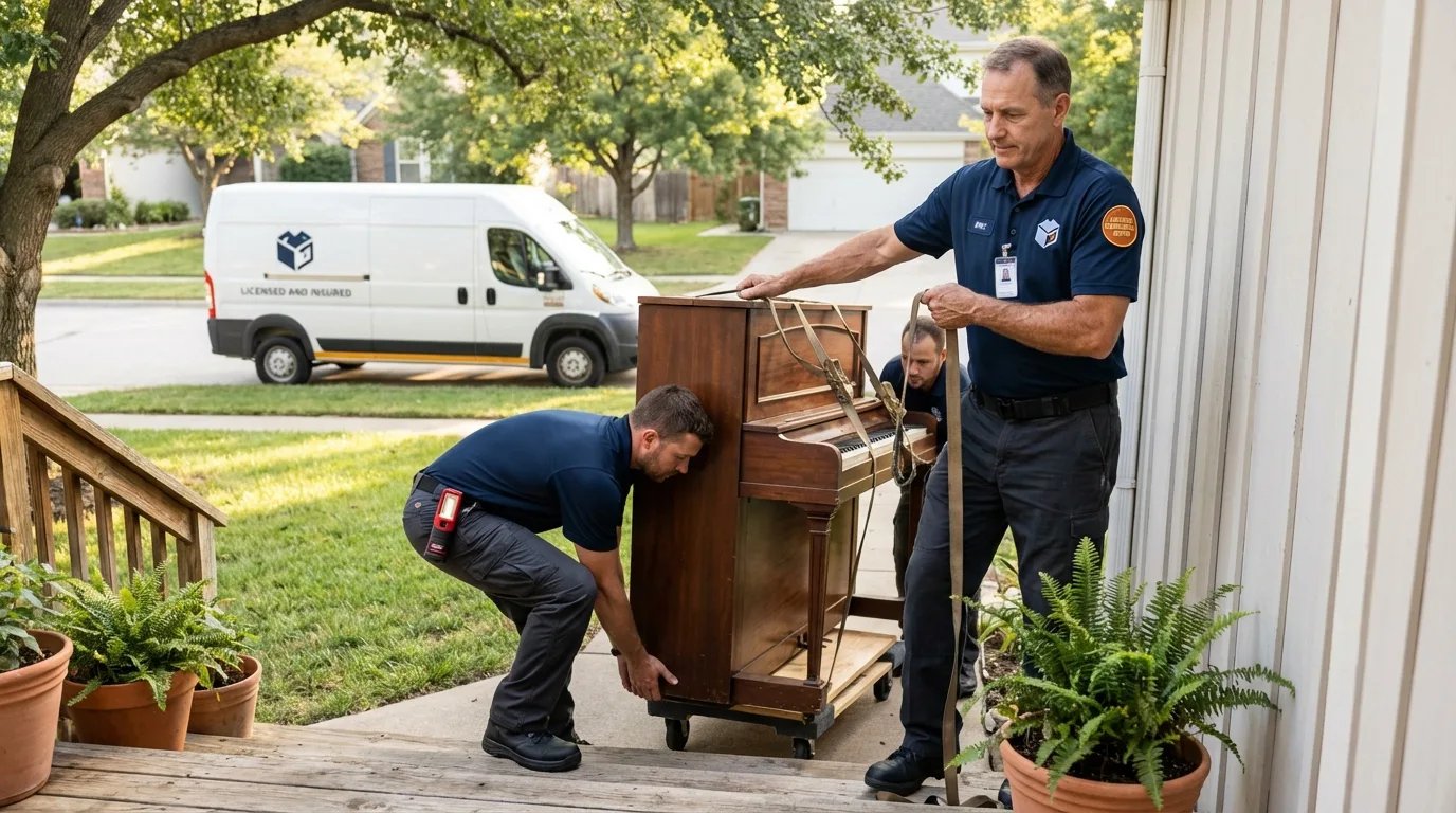 Licensed piano movers securing grand piano in Minden, NV