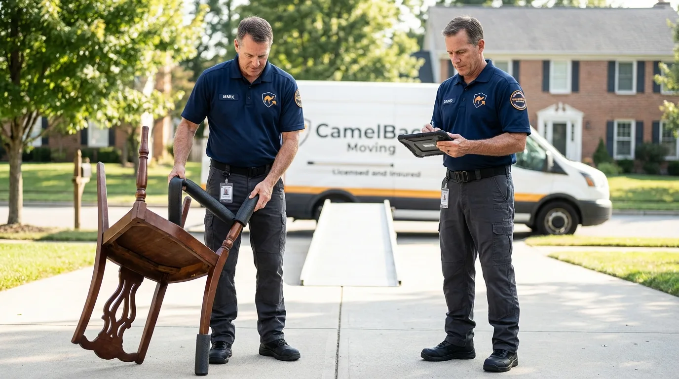 Movers inspecting furniture for damage prevention before loading in Minden, NV