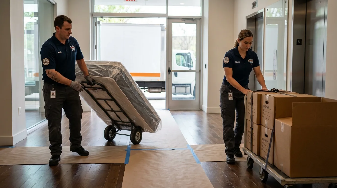 Professional apartment movers loading elevator in Minden, NV